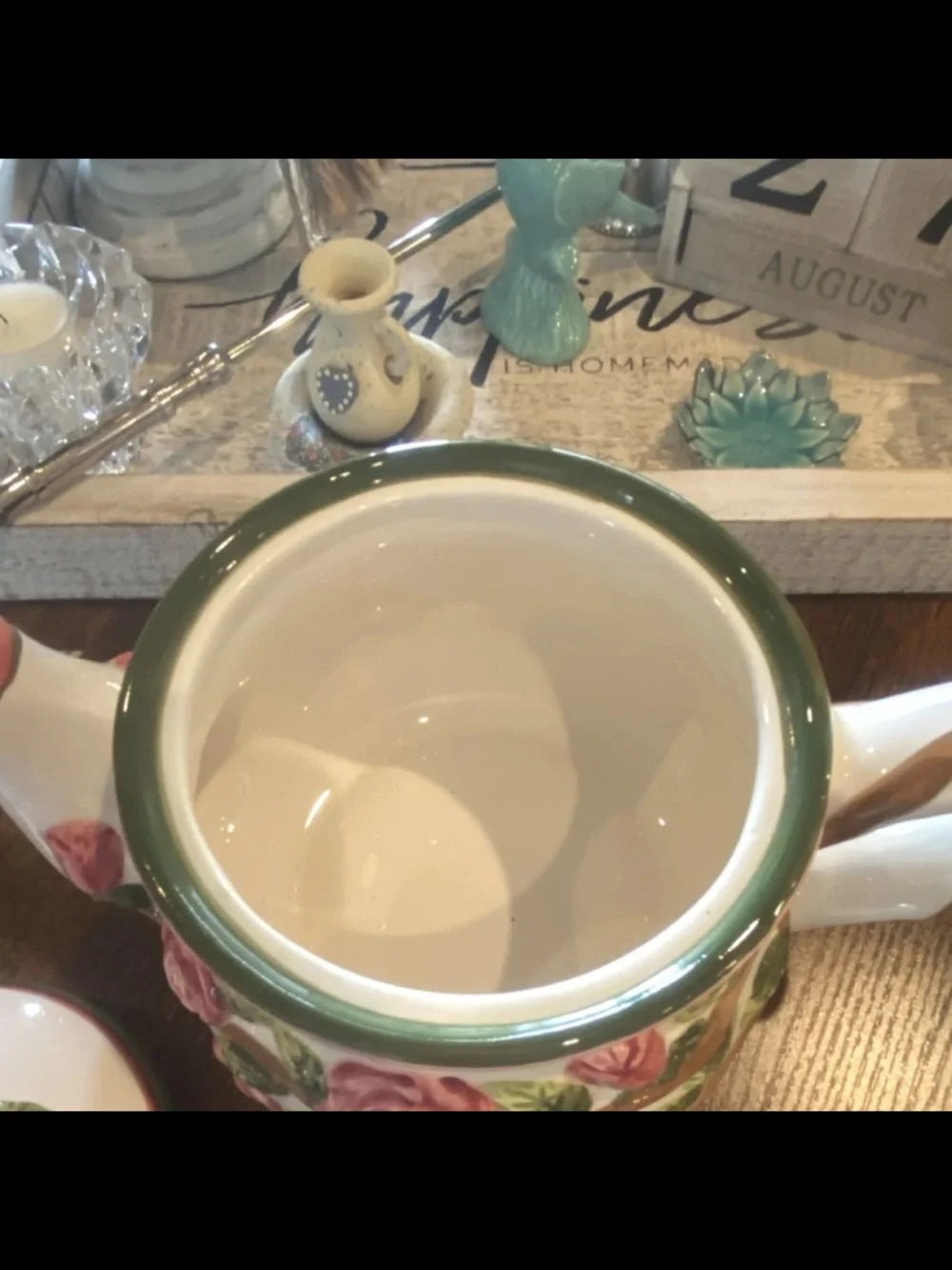 Hand-Painted Rose Ceramic/Porcelain Teapot in Pink and Green